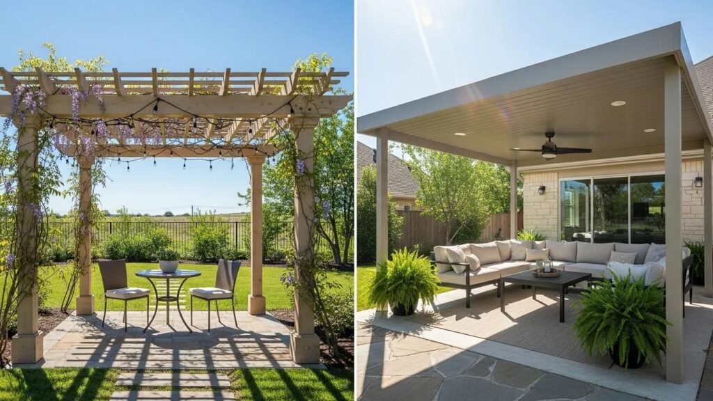 Backyard with a pergola and patio cover, highlighting outdoor living space options