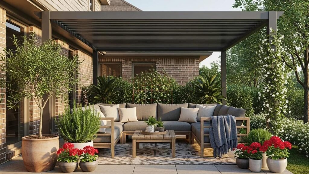 Stylish aluminum patio cover enhancing outdoor living space with cozy seating and greenery
